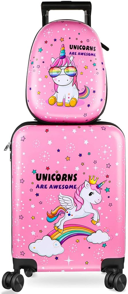 set de valise et sac a dos rose avec motif licorne pour enfant